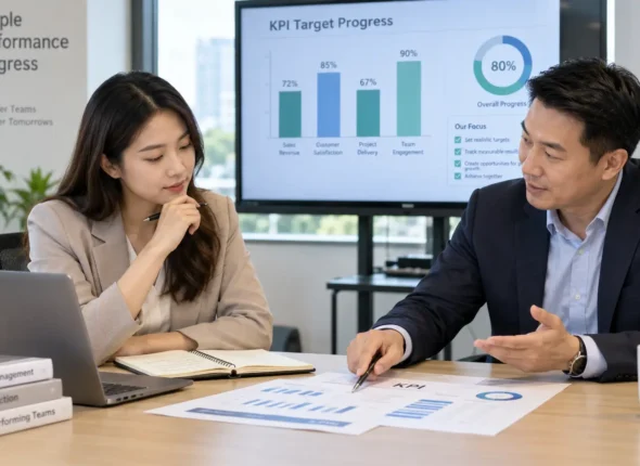 Karyawan berdiskusi dengan atasan mengenai target KPI yang realistis