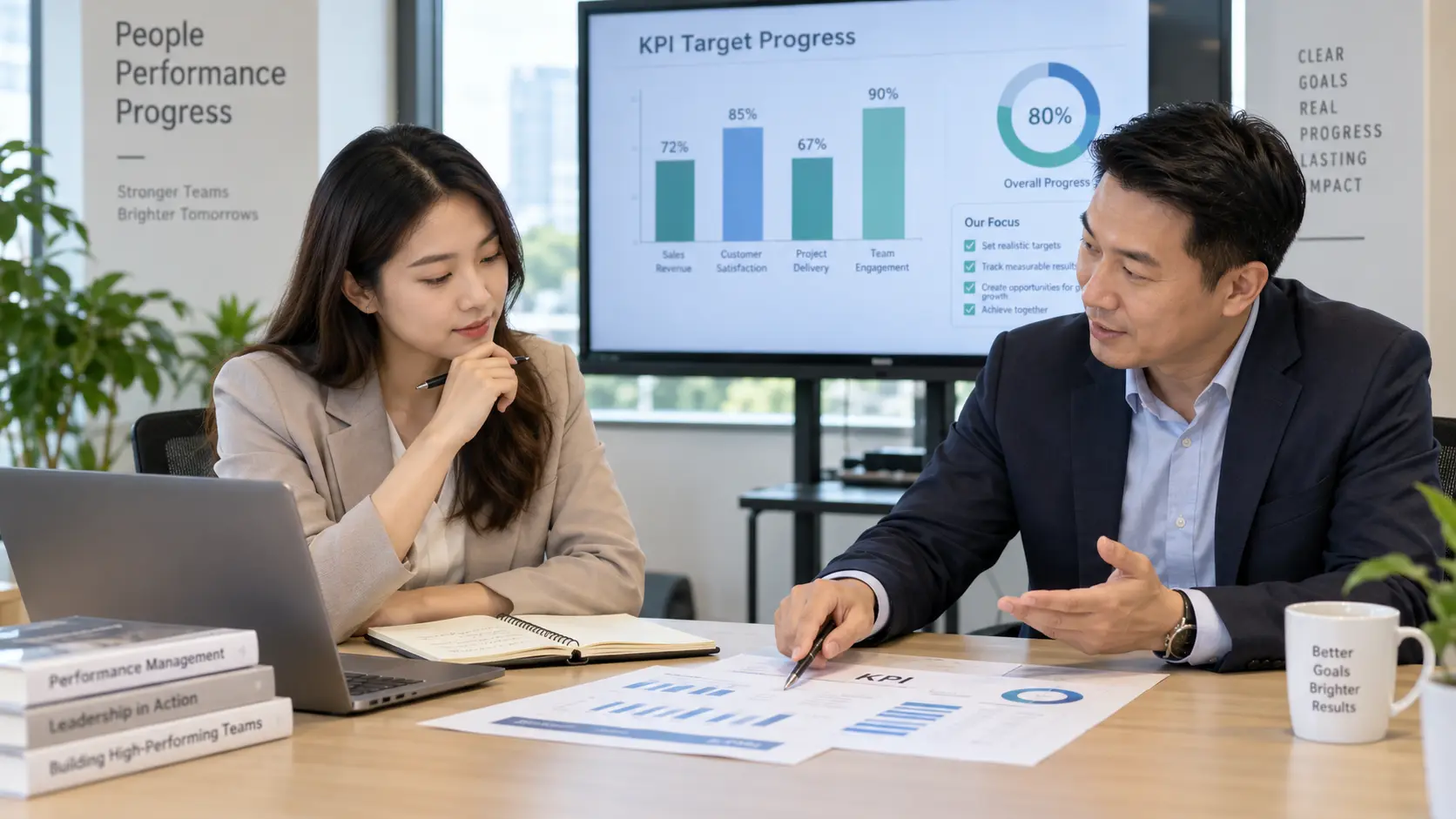 Karyawan berdiskusi dengan atasan mengenai target KPI yang realistis