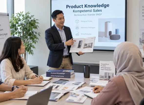 Karyawan mempelajari product knowledge standar BNSP dalam pelatihan kompetensi sales