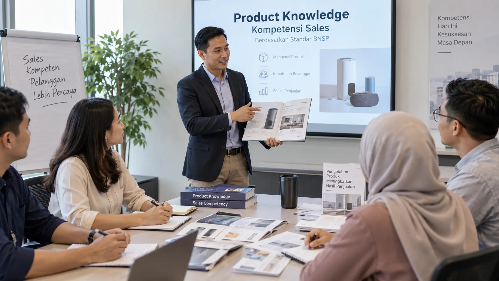 Karyawan mempelajari product knowledge standar BNSP dalam pelatihan kompetensi sales