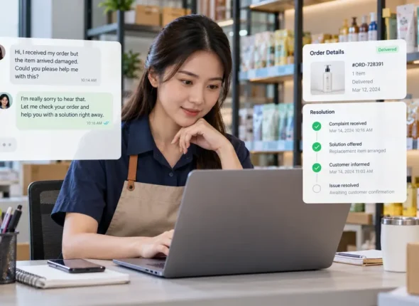 Karyawan retail menangani komplain pelanggan melalui channel digital dengan komunikasi profesiona