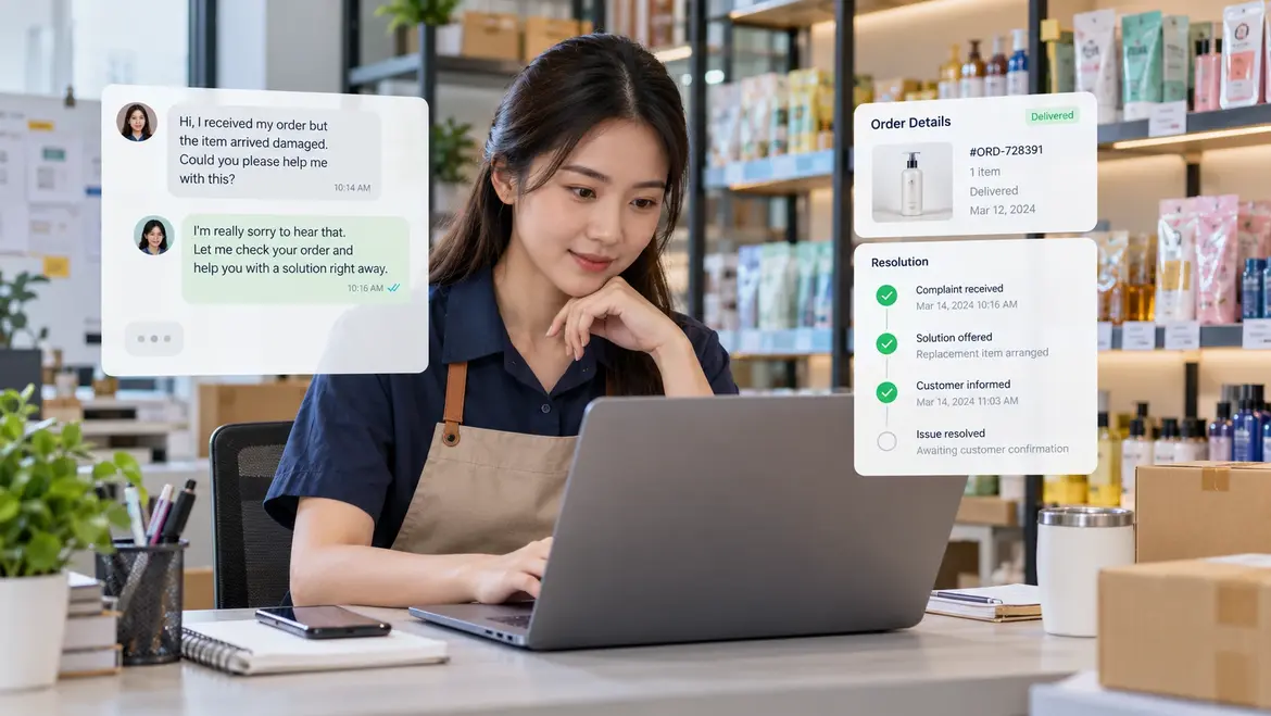 Karyawan retail menangani komplain pelanggan melalui channel digital dengan komunikasi profesiona