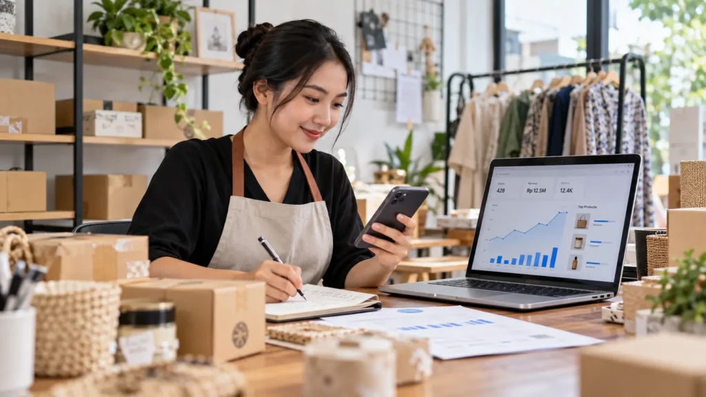 “Pemilik UMKM mempelajari skill bisnis digital untuk mengembangkan usaha di era online
