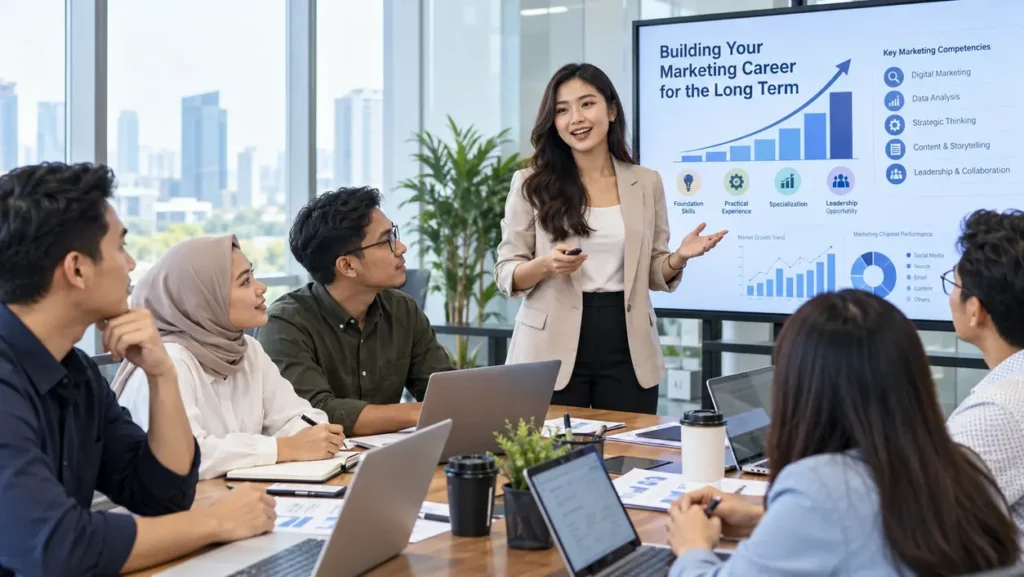 Karyawan mengikuti pelatihan profesional untuk membangun prospek karir marketing yang berkelanjutan