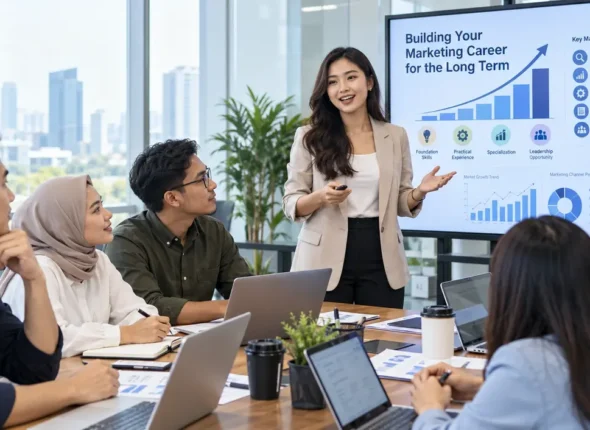 Karyawan mengikuti pelatihan profesional untuk membangun prospek karir marketing yang berkelanjutan