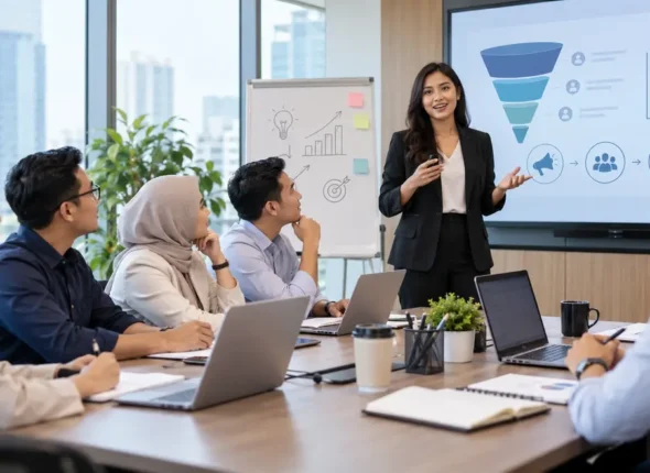 Karyawan perusahaan mengikuti pelatihan marketing untuk meningkatkan kompetensi kerja