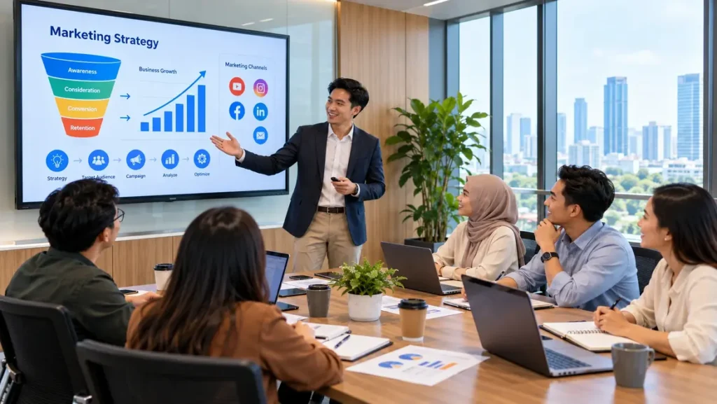Karyawan perusahaan mengikuti pelatihan marketing yang ideal untuk meningkatkan kompetensi dan keterampilan