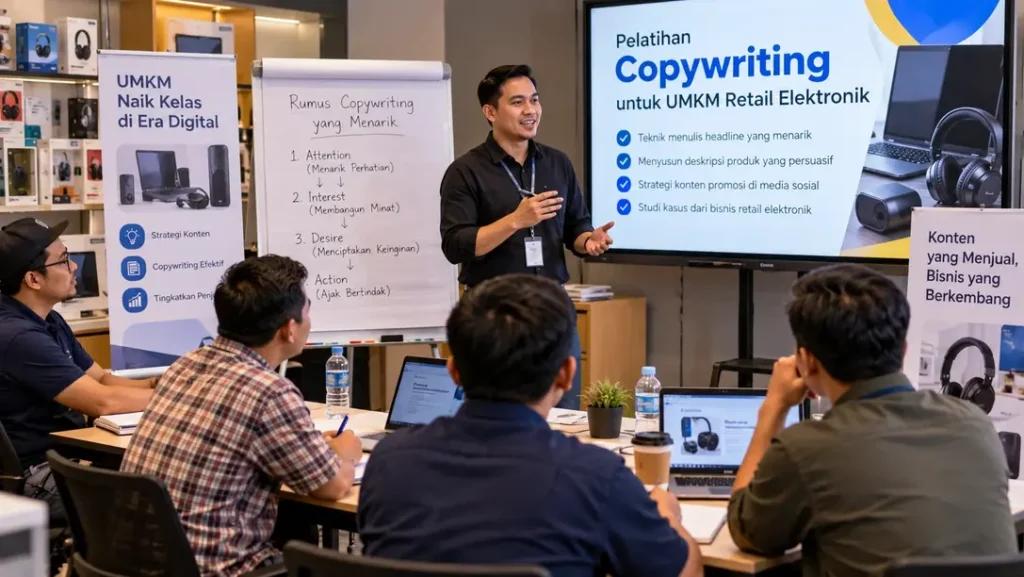 Pemilik UMKM mempelajari skill copywriting untuk membuat konten promosi produk yang lebih menarik