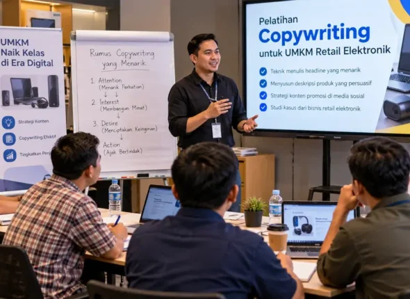 Pemilik UMKM mempelajari skill copywriting untuk membuat konten promosi produk yang lebih menarik