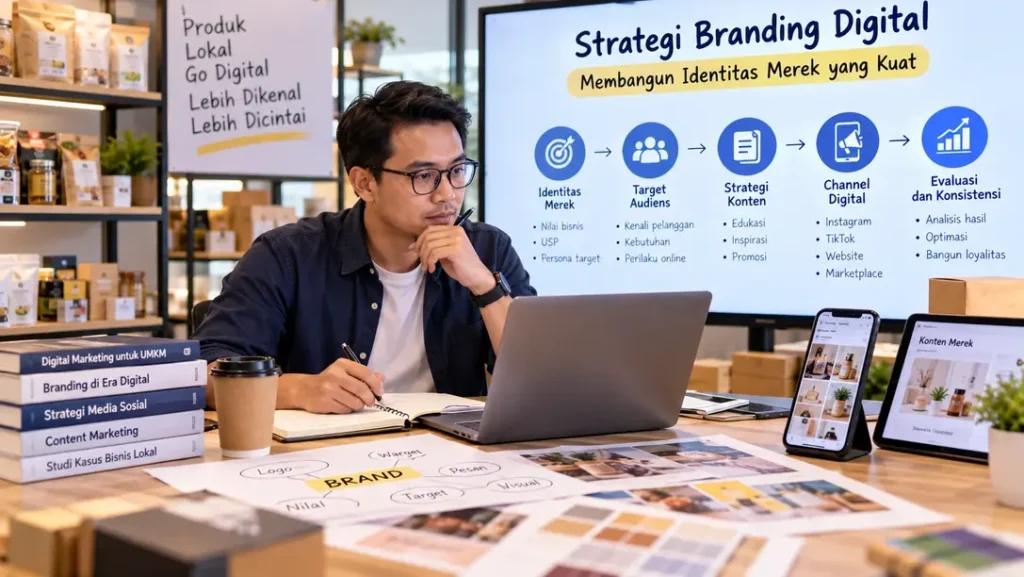 Pemilik UMKM mempelajari strategi branding digital untuk membangun identitas merek