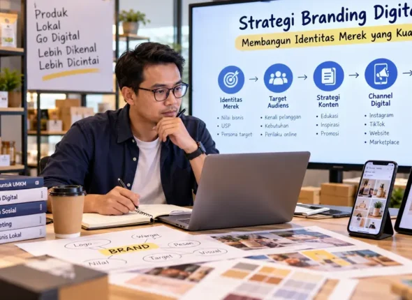 Pemilik UMKM mempelajari strategi branding digital untuk membangun identitas merek