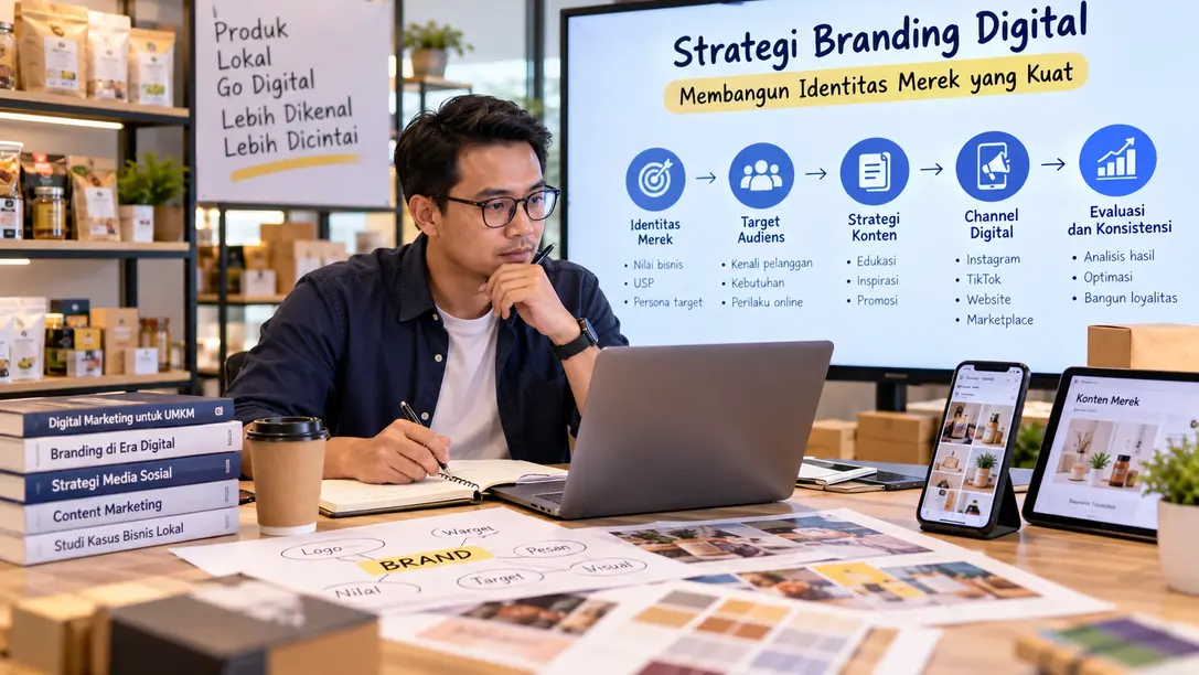 Pemilik UMKM mempelajari strategi branding digital untuk membangun identitas merek